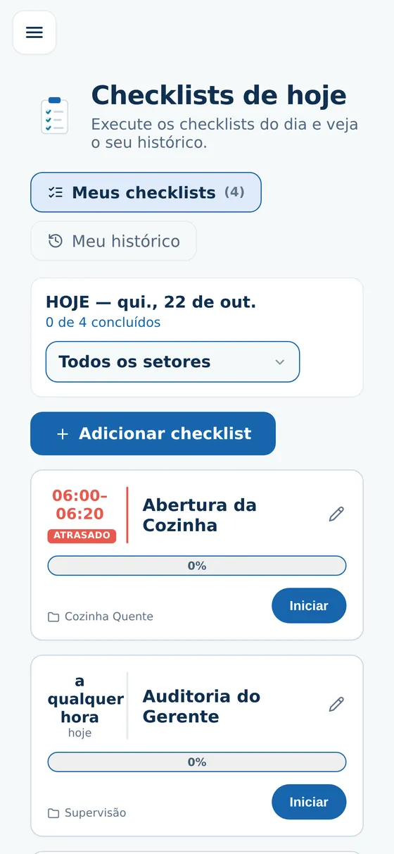 Tela Checklists de hoje da Kolex no celular, com abertura da cozinha e auditoria do gerente