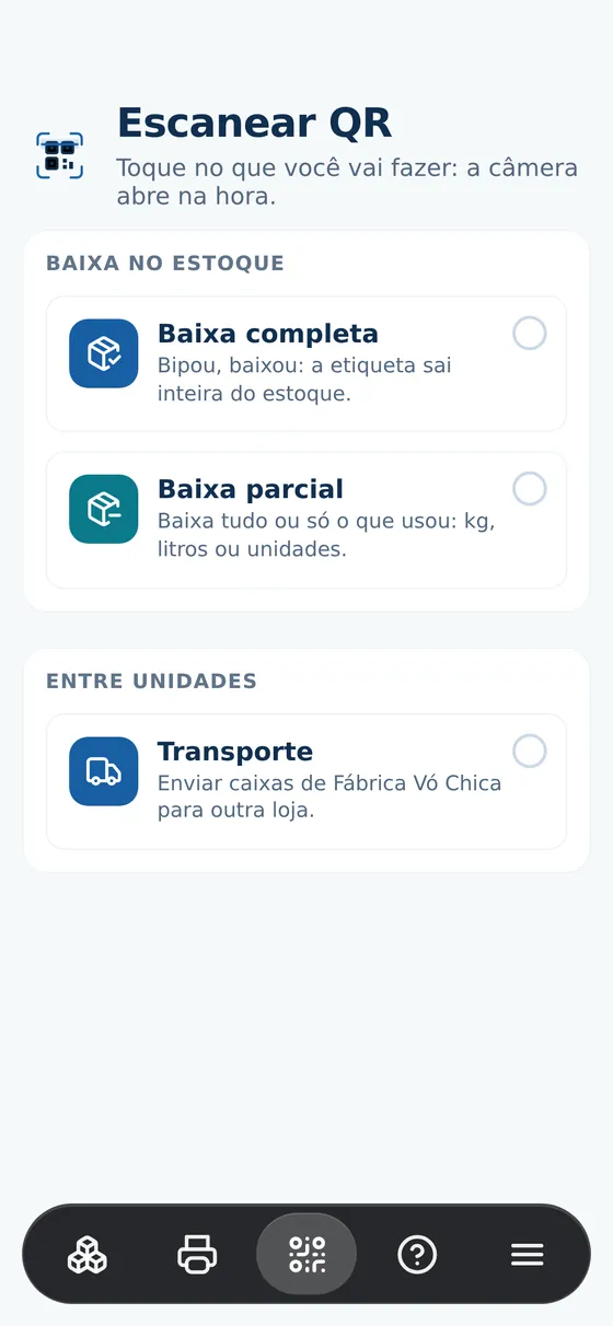 Tela Escanear QR da Kolex no celular, com baixa completa, baixa parcial e transporte