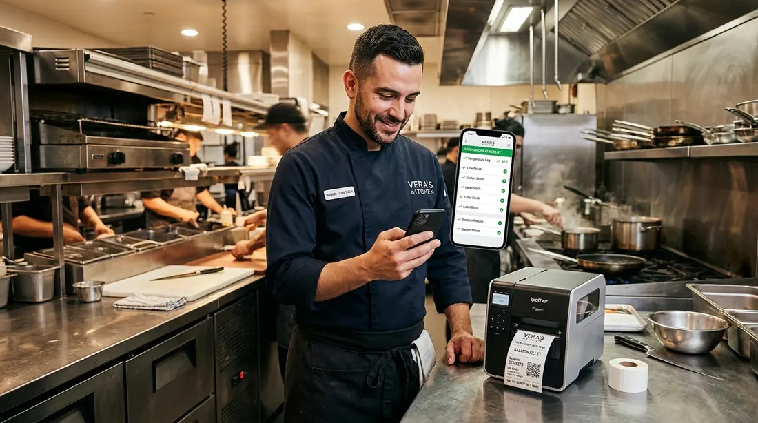 Cozinheiro conferindo a Kolex no celular ao lado da impressora de etiquetas
