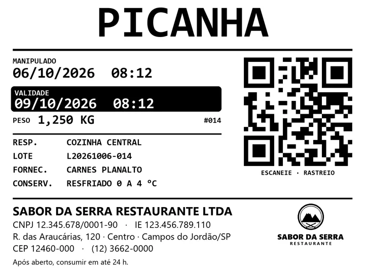 Etiqueta de exemplo da Kolex: Picanha, com validade, lote, responsável e QR Code (dados fictícios)