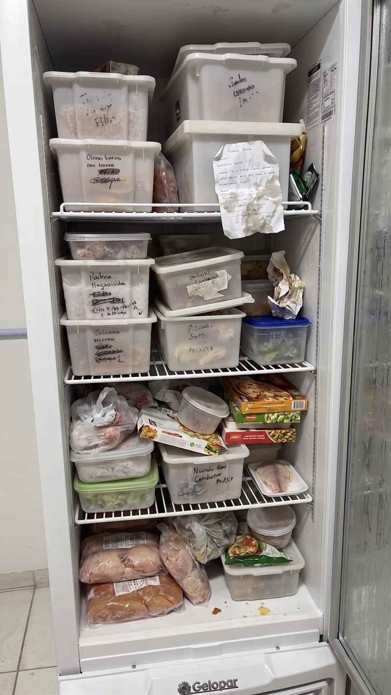 Freezer desorganizado, com etiquetas escritas à mão em fita crepe